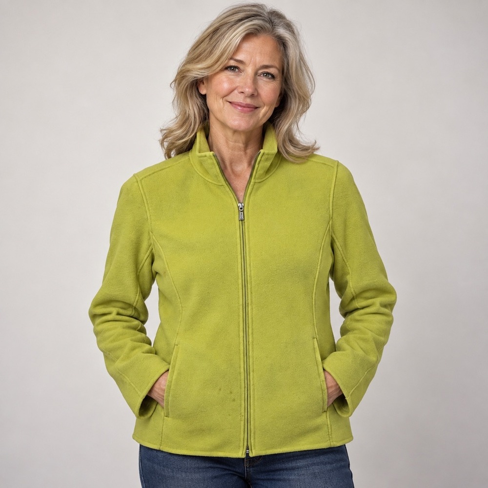 Carole Little Lime Green Full Zip Fleece Jacket Mock Neck Women Size Large